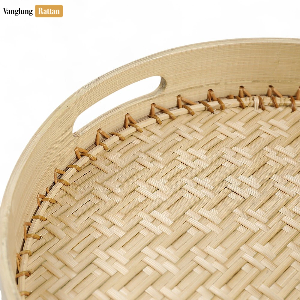 Rattan Export Handmade Natural Round Bamboo Rattan Handles Serving Tray with Twilled Twos Weave - REX-STRO011012
