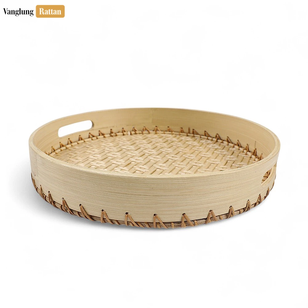 Rattan Export Handmade Natural Round Bamboo Rattan Handles Serving Tray with Twilled Twos Weave - REX-STRO011012