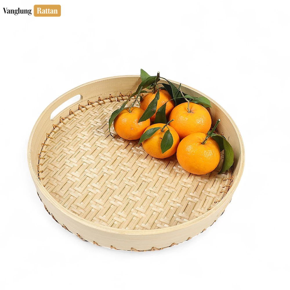 Rattan Export Handmade Natural Round Bamboo Rattan Handles Serving Tray with Twilled Twos Weave - REX-STRO011012