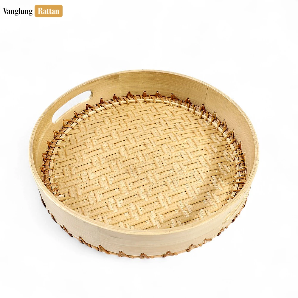 Rattan Export Handmade Natural Round Bamboo Rattan Handles Serving Tray with Twilled Twos Weave - REX-STRO011012