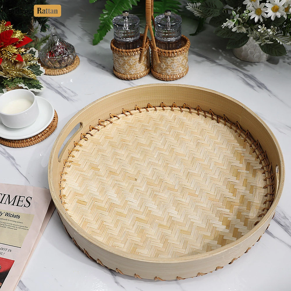 Rattan Export Handmade Natural Round Bamboo Rattan Handles Serving Tray with Twilled Twos Weave - REX-STRO011012