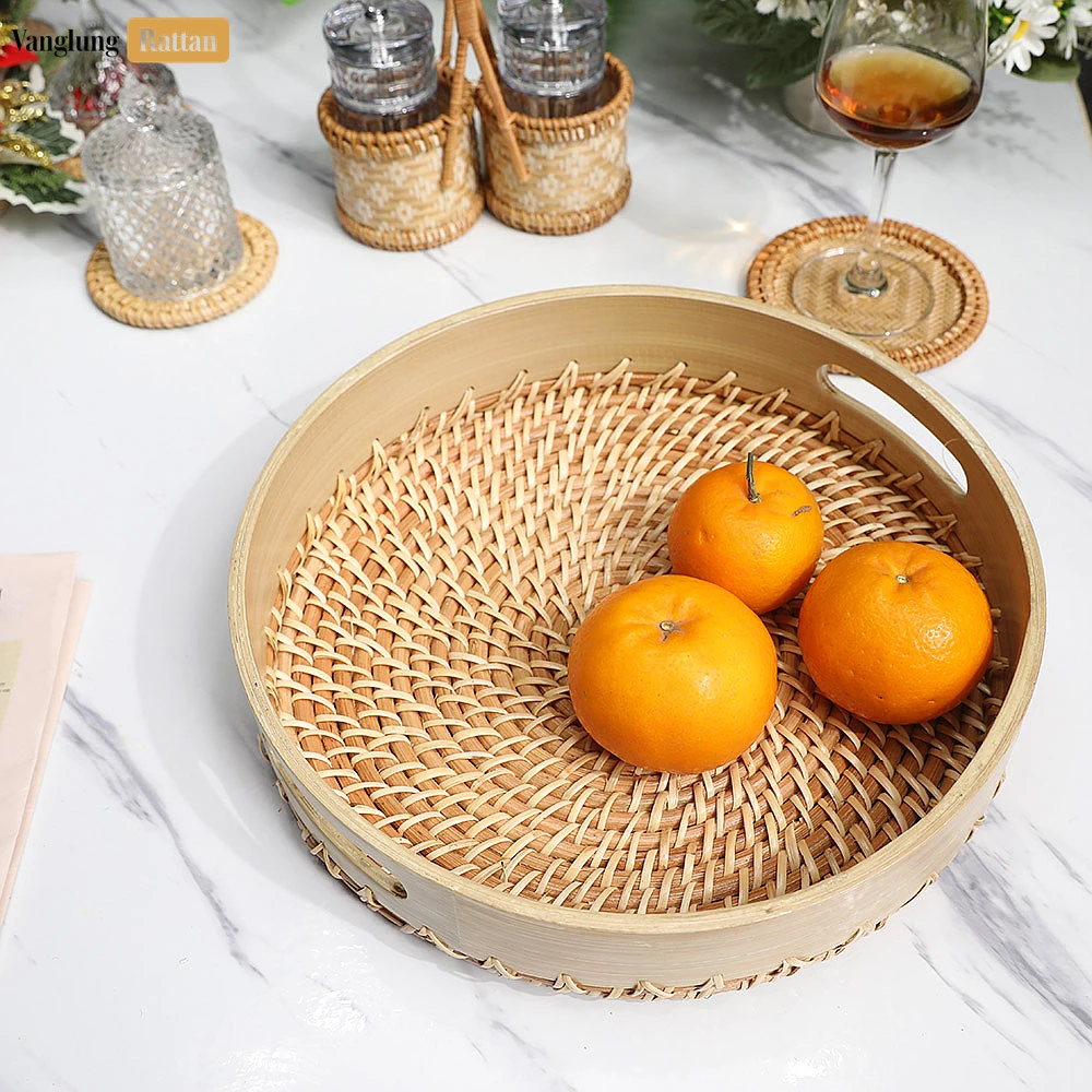 Rattan Export Handmade Natural Wicker Weave Circular Handles Rattan Serving Tray - REX-STRO021003NA