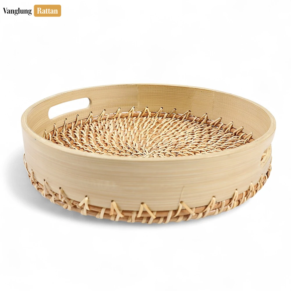 Rattan Export Handmade Natural Wicker Weave Circular Handles Rattan Serving Tray - REX-STRO021003NA