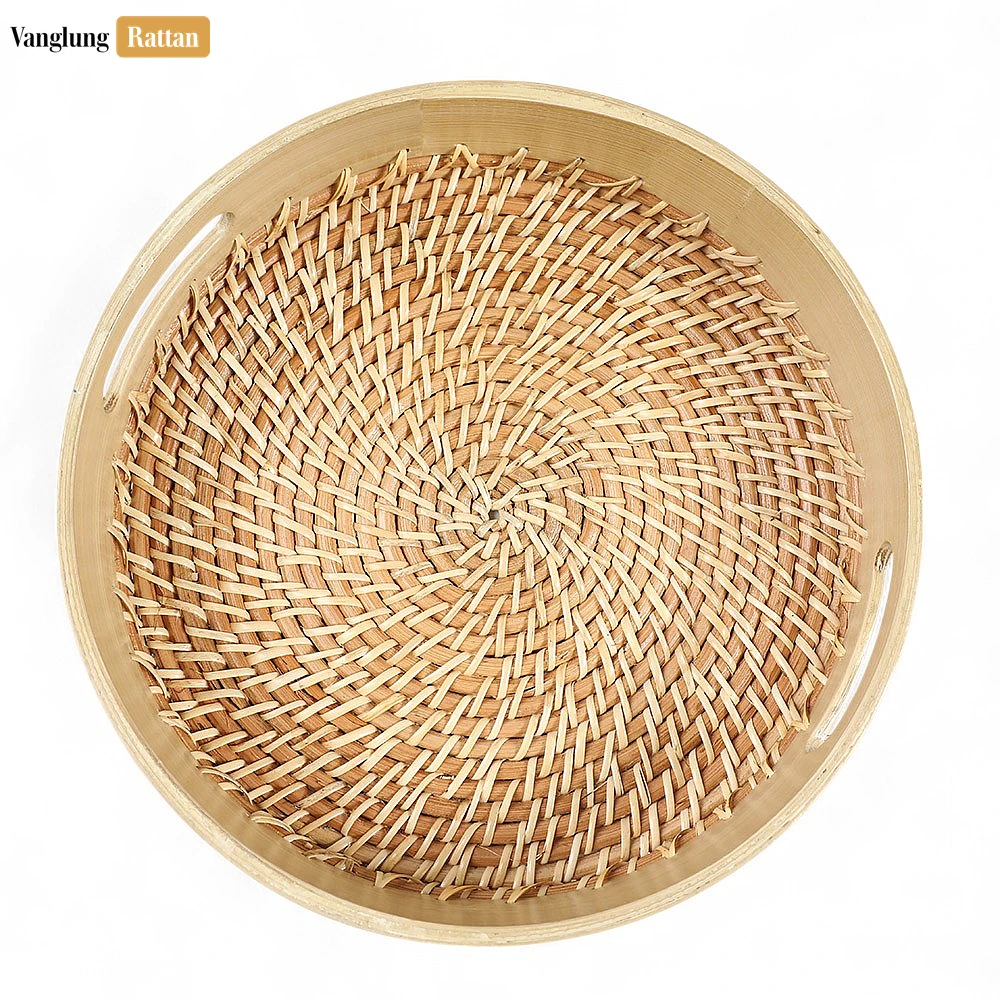 Rattan Export Handmade Natural Wicker Weave Circular Handles Rattan Serving Tray - REX-STRO021003NA