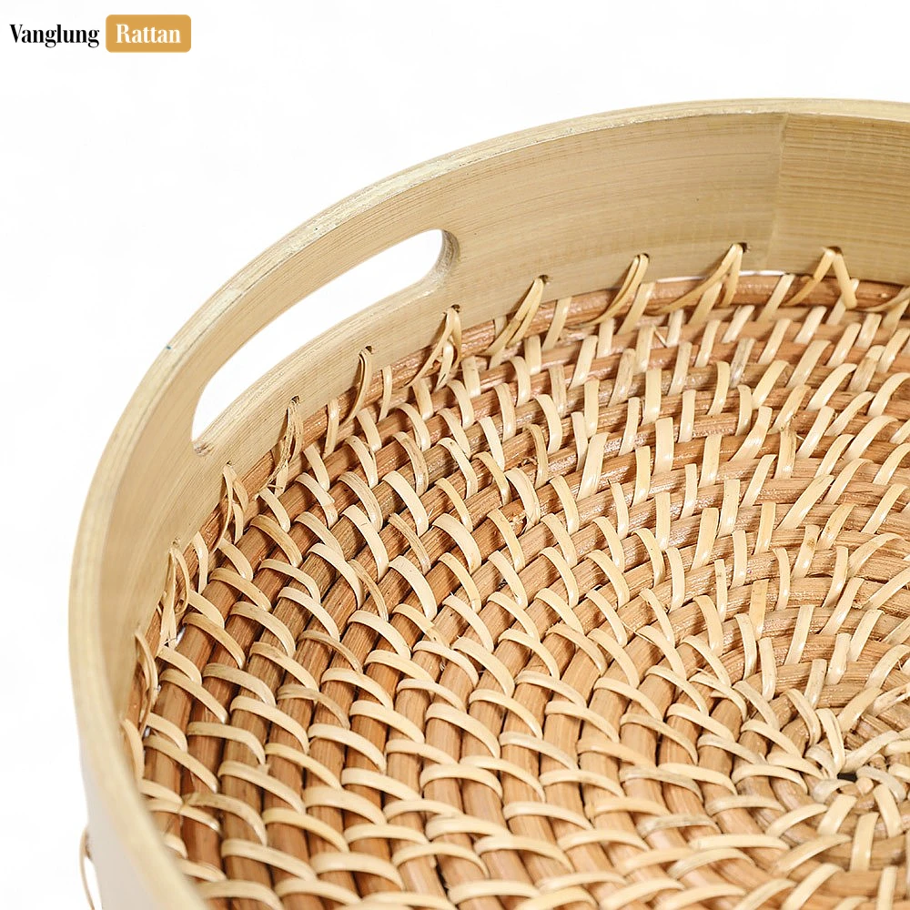 Rattan Export Handmade Natural Wicker Weave Circular Handles Rattan Serving Tray - REX-STRO021003NA