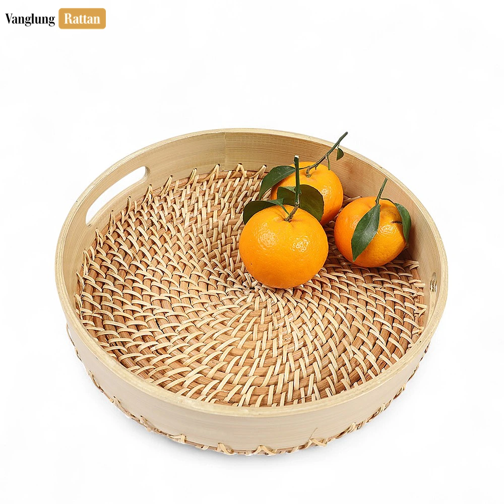 Rattan Export Handmade Natural Wicker Weave Circular Handles Rattan Serving Tray - REX-STRO021003NA