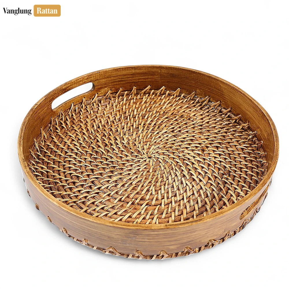 Rattan Export Handmade Brown Wicker Weave Circular Handles Rattan Serving Tray - REX-STRO021003
