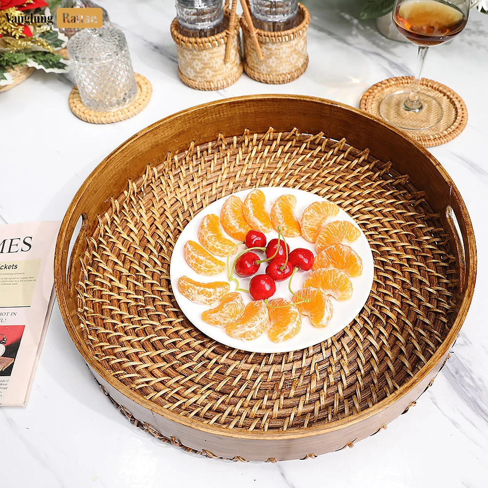 Rattan Export Handmade Brown Wicker Weave Circular Handles Rattan Serving Tray - REX-STRO021003