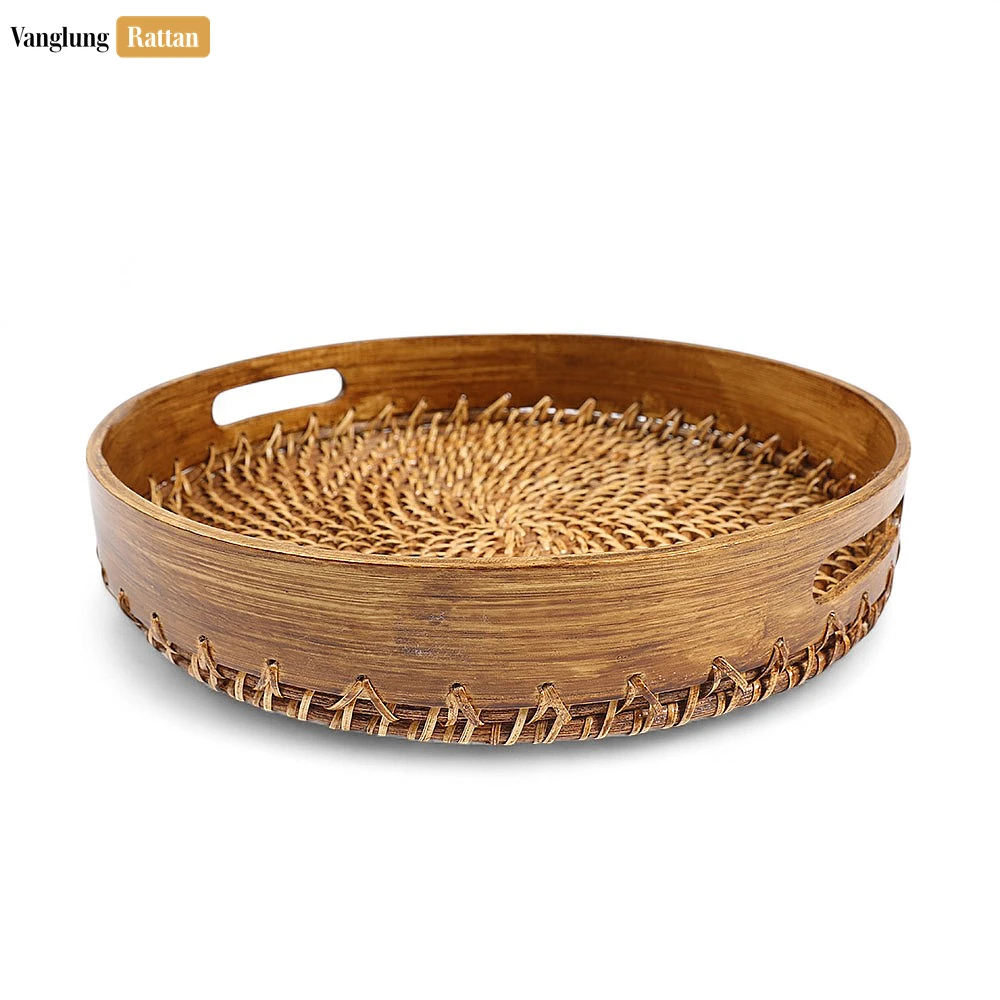 Rattan Export Handmade Brown Wicker Weave Circular Handles Rattan Serving Tray - REX-STRO021003
