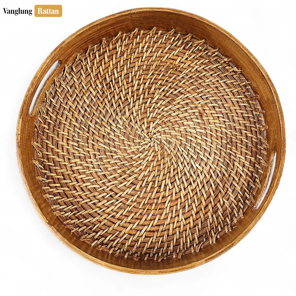 Rattan Export Handmade Brown Wicker Weave Circular Handles Rattan Serving Tray - REX-STRO021003