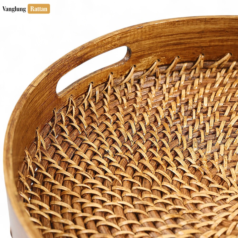 Rattan Export Handmade Brown Wicker Weave Circular Handles Rattan Serving Tray - REX-STRO021003