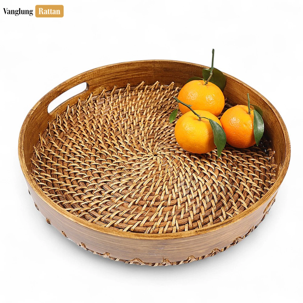 Rattan Export Handmade Brown Wicker Weave Circular Handles Rattan Serving Tray - REX-STRO021003