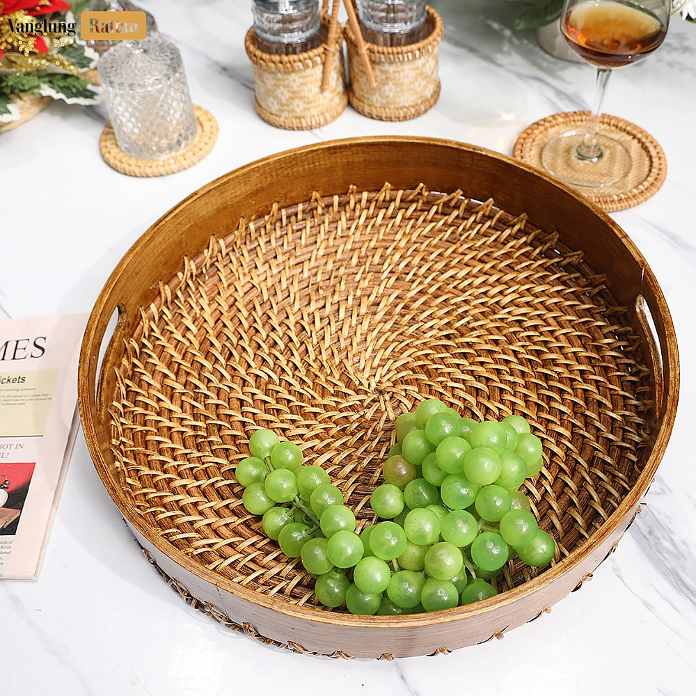 Rattan Export Handmade Brown Wicker Weave Circular Handles Rattan Serving Tray - REX-STRO021003