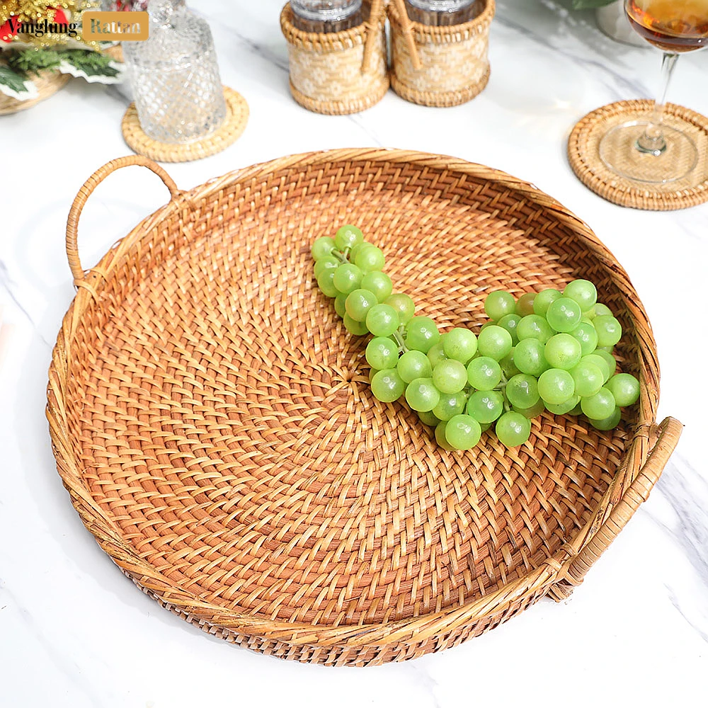 Rattan Export Handmade Wicker Weave Circular Rattan Serving Tray with Arched Handles - REX-STRO021001BR