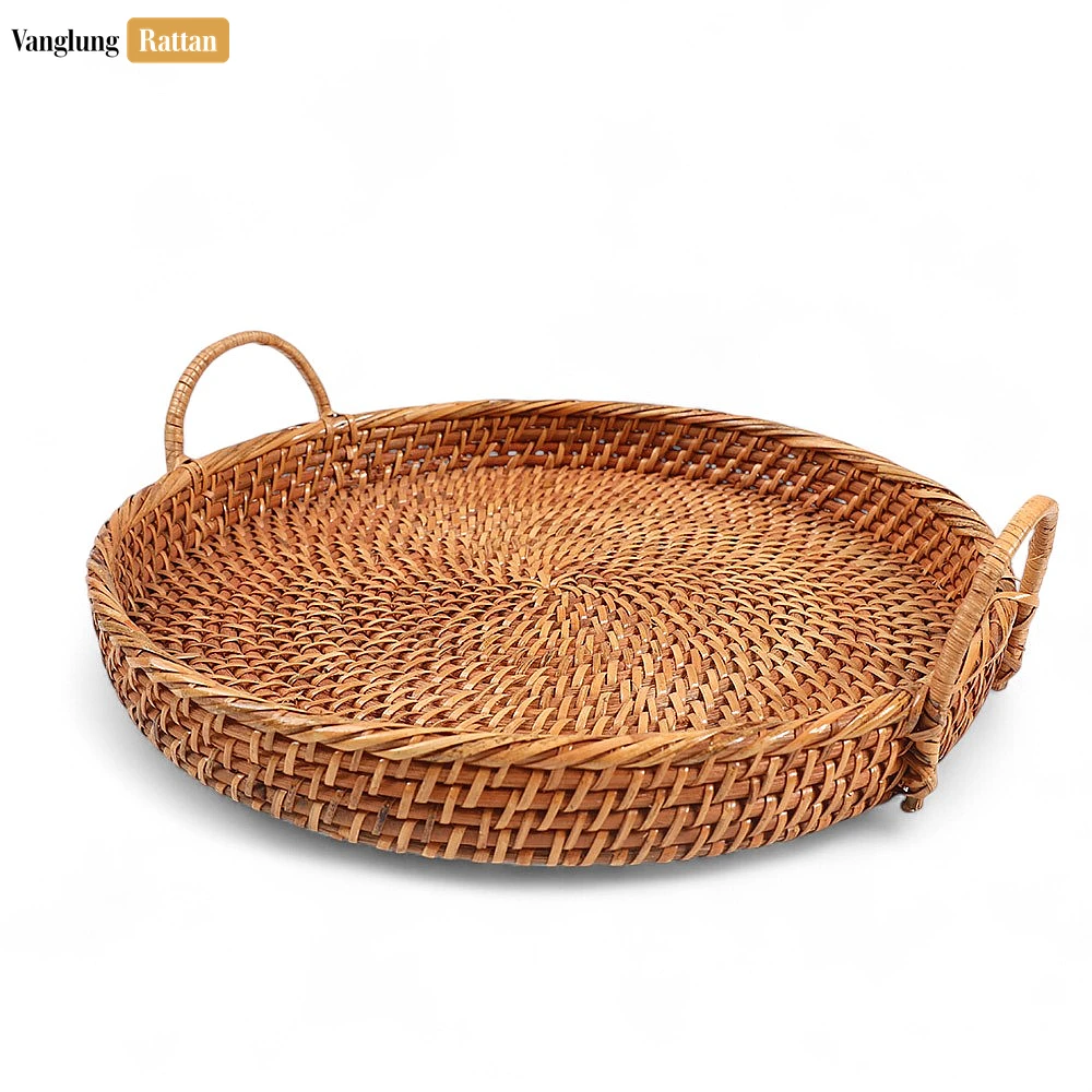 Rattan Export Handmade Wicker Weave Circular Rattan Serving Tray with Arched Handles - REX-STRO021001BR
