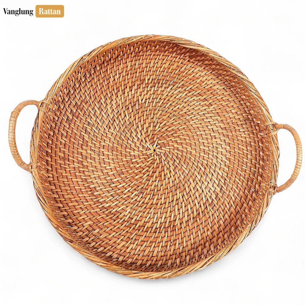 Rattan Export Handmade Wicker Weave Circular Rattan Serving Tray with Arched Handles - REX-STRO021001BR