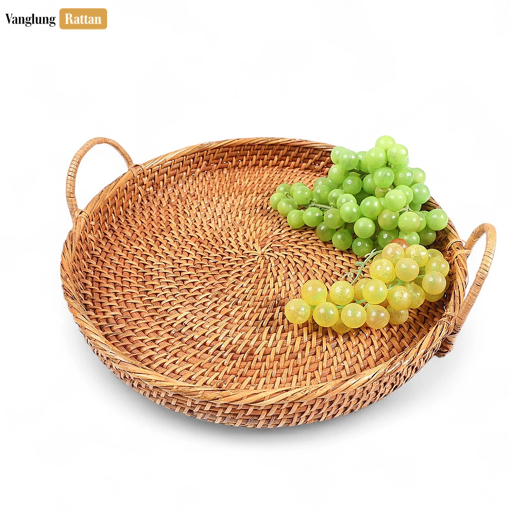Rattan Export Handmade Wicker Weave Circular Rattan Serving Tray with Arched Handles - REX-STRO021001BR
