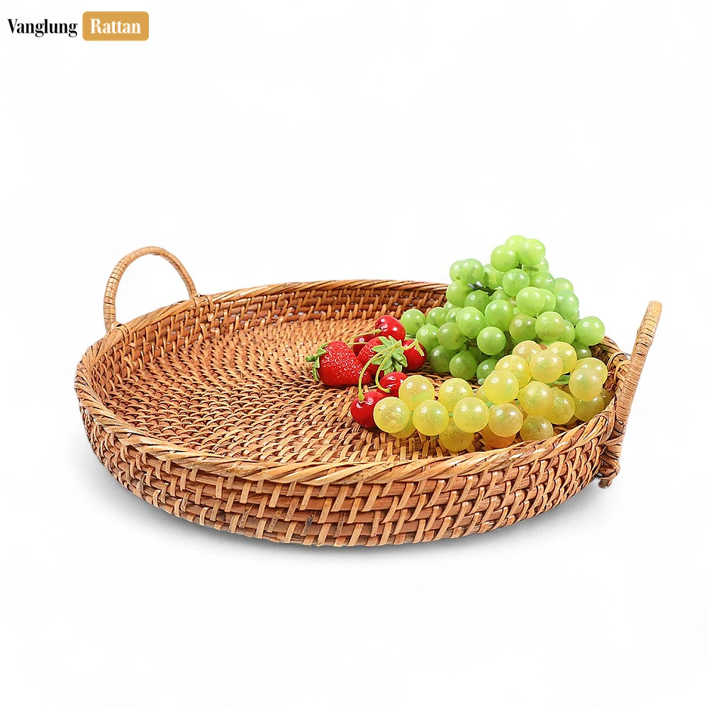Rattan Export Handmade Wicker Weave Circular Rattan Serving Tray with Arched Handles - REX-STRO021001BR