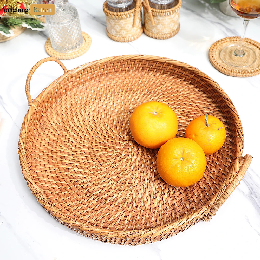 Rattan Export Handmade Wicker Weave Circular Rattan Serving Tray with Arched Handles - REX-STRO021001BR
