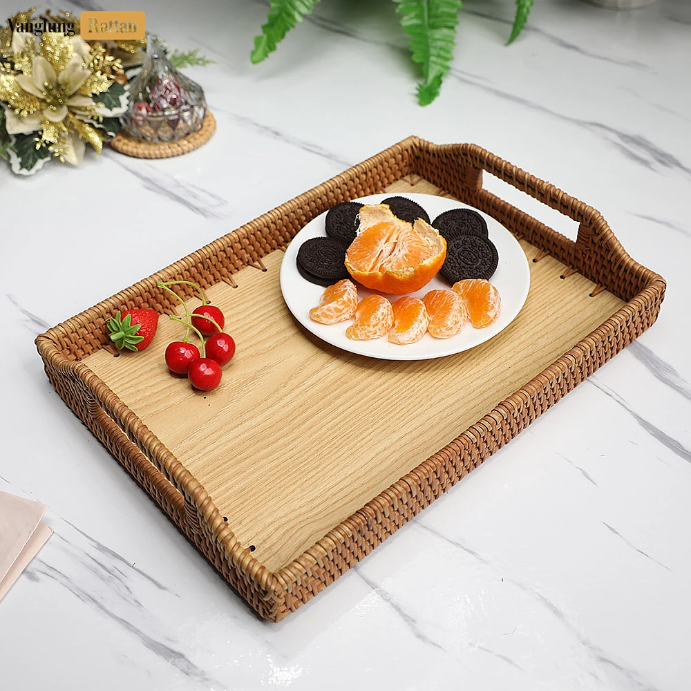 Rattan Export Handwoven Rectangle Straw Rattan Handles Serving Tray with Solid Wood Base - REX-STCN14001