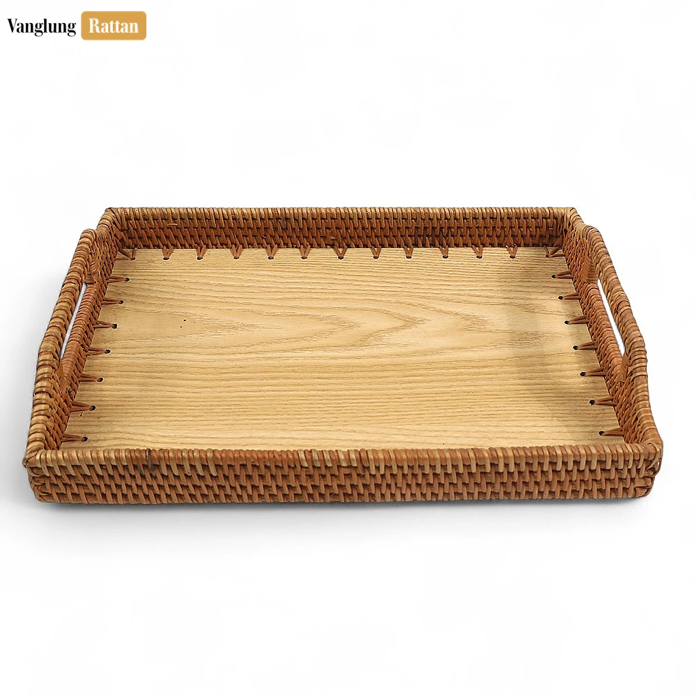 Rattan Export Handwoven Rectangle Straw Rattan Handles Serving Tray with Solid Wood Base - REX-STCN14001