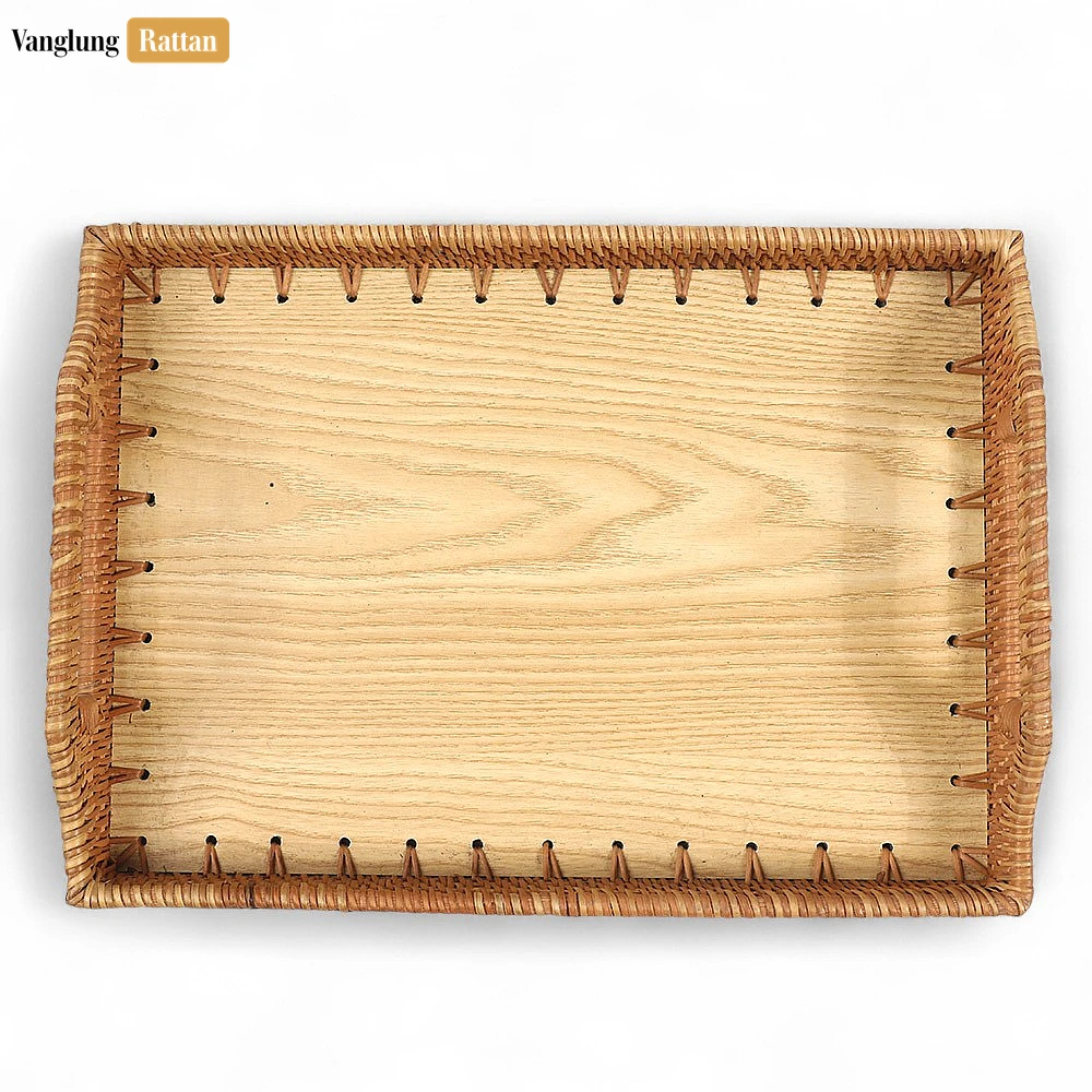 Rattan Export Handwoven Rectangle Straw Rattan Handles Serving Tray with Solid Wood Base - REX-STCN14001
