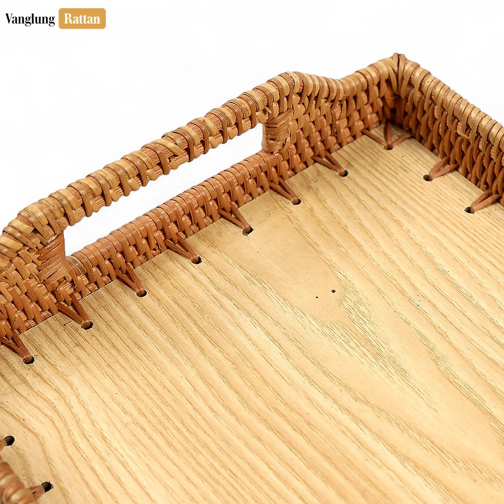 Rattan Export Handwoven Rectangle Straw Rattan Handles Serving Tray with Solid Wood Base - REX-STCN14001