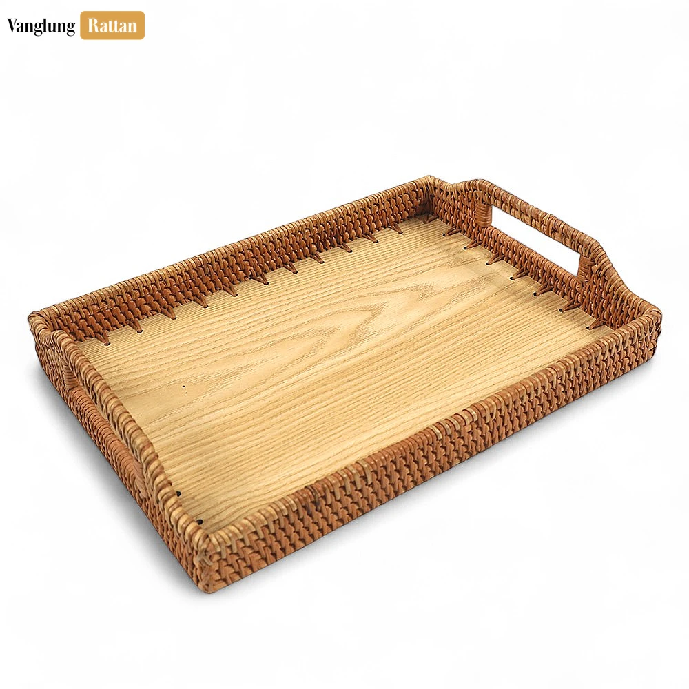 Rattan Export Handwoven Rectangle Straw Rattan Handles Serving Tray with Solid Wood Base - REX-STCN14001