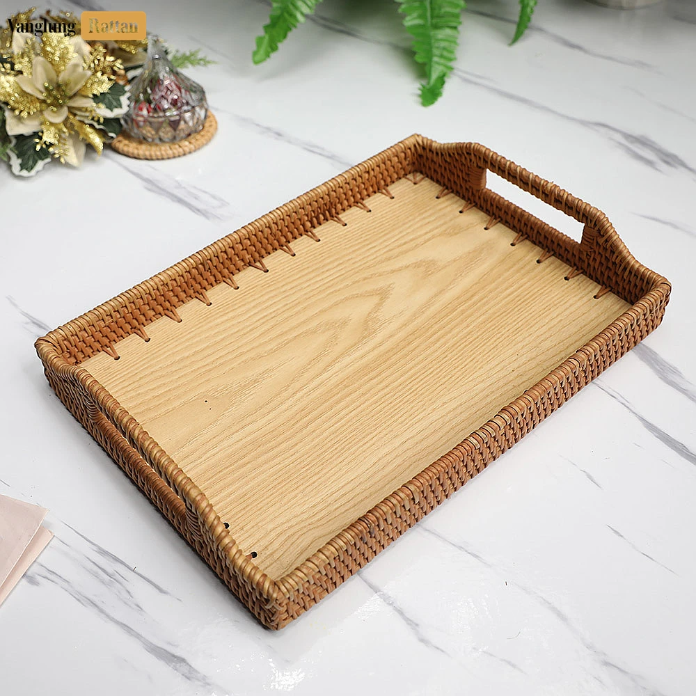 Rattan Export Handwoven Rectangle Straw Rattan Handles Serving Tray with Solid Wood Base - REX-STCN14001