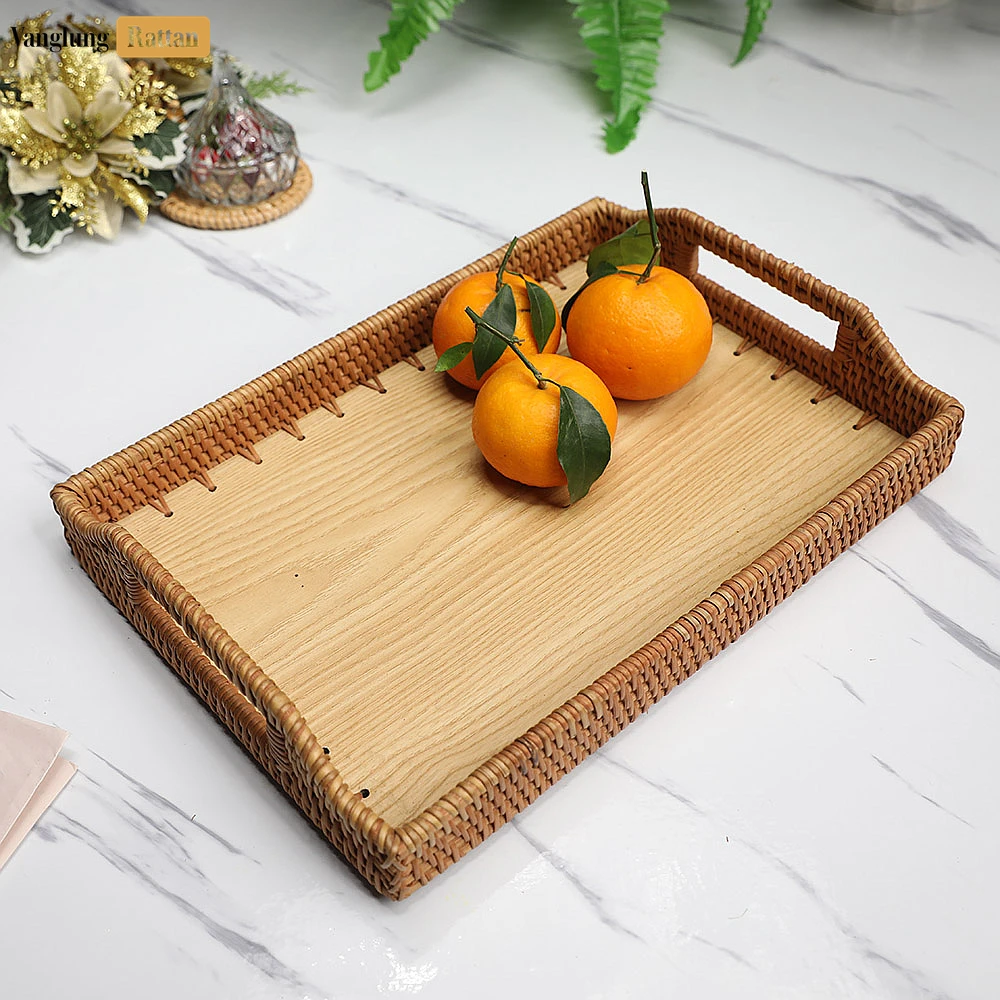 Rattan Export Handwoven Rectangle Straw Rattan Handles Serving Tray with Solid Wood Base - REX-STCN14001