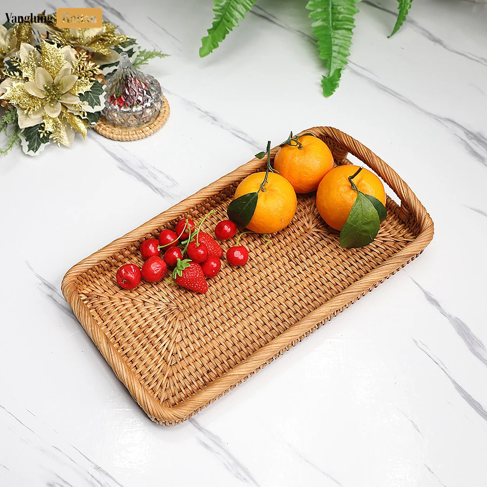 Rattan Export Brown Handwoven Long Rectangle Straw Rattan Handles Serving Tray with Fine Weave - REX-STCN011008
