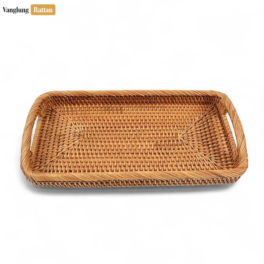 Rattan Export Brown Handwoven Long Rectangle Straw Rattan Handles Serving Tray with Fine Weave - REX-STCN011008