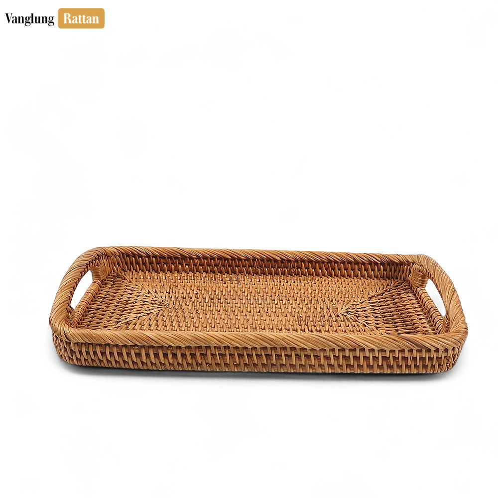 Rattan Export Brown Handwoven Long Rectangle Straw Rattan Handles Serving Tray with Fine Weave - REX-STCN011008