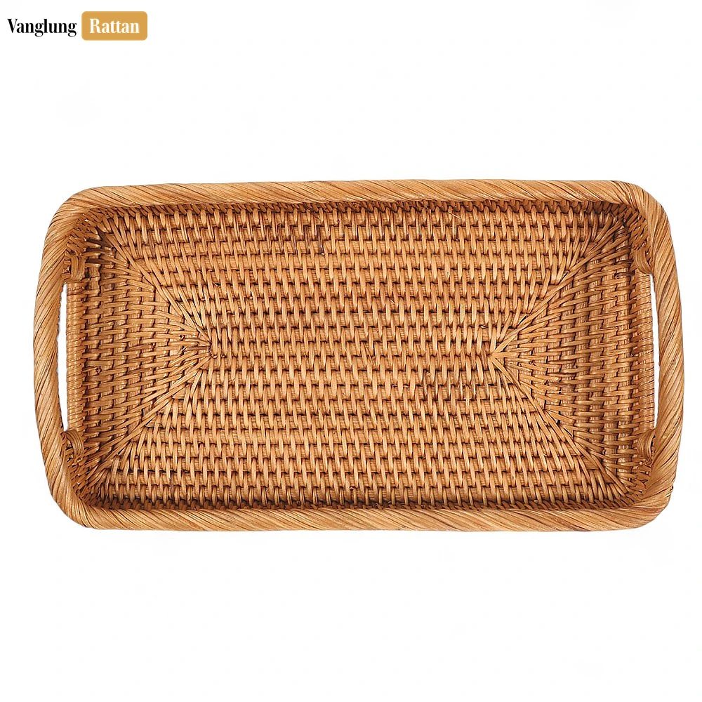 Rattan Export Brown Handwoven Long Rectangle Straw Rattan Handles Serving Tray with Fine Weave - REX-STCN011008