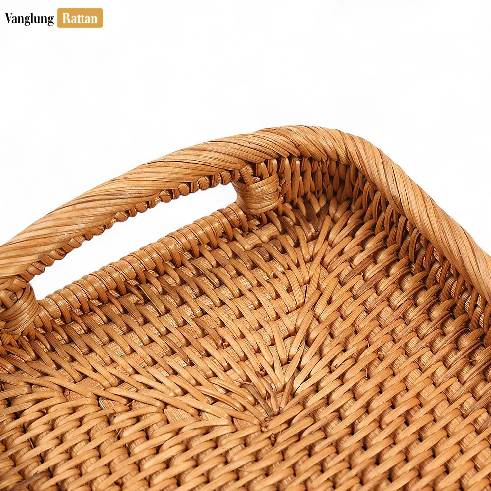 Rattan Export Brown Handwoven Long Rectangle Straw Rattan Handles Serving Tray with Fine Weave - REX-STCN011008