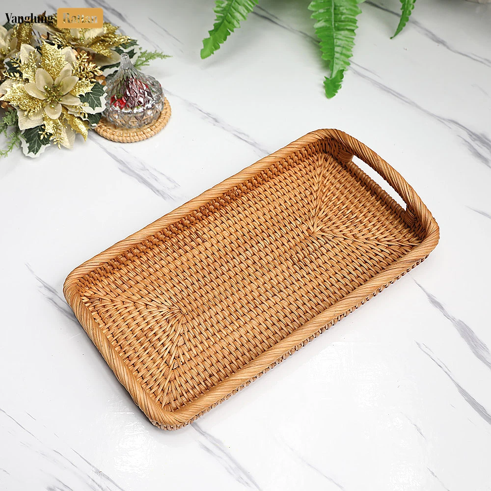 Rattan Export Brown Handwoven Long Rectangle Straw Rattan Handles Serving Tray with Fine Weave - REX-STCN011008