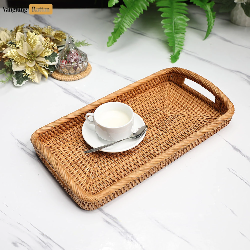 Rattan Export Brown Handwoven Long Rectangle Straw Rattan Handles Serving Tray with Fine Weave - REX-STCN011008