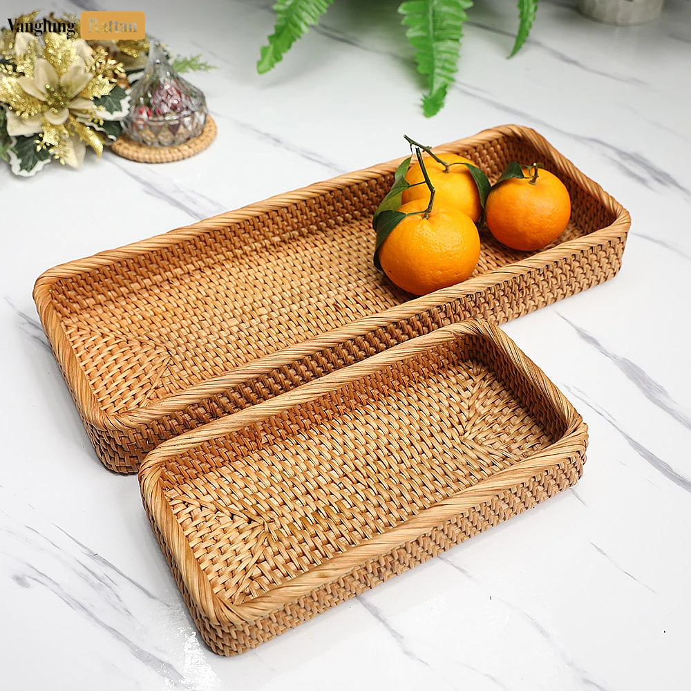 Rattan Export Brown Handwoven Long Rectangle Straw Rattan Serving Tray with Fine Weave - REX-STCN011007