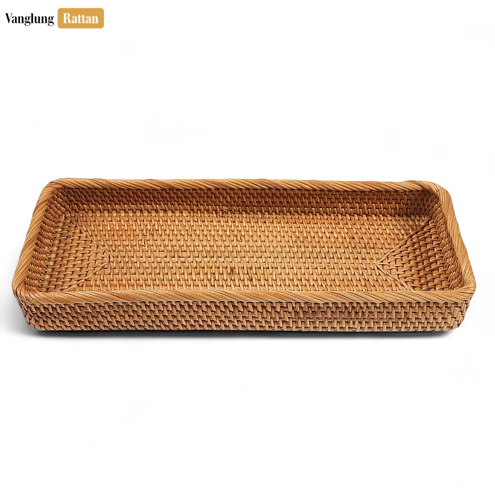 Rattan Export Brown Handwoven Long Rectangle Straw Rattan Serving Tray with Fine Weave - REX-STCN011007