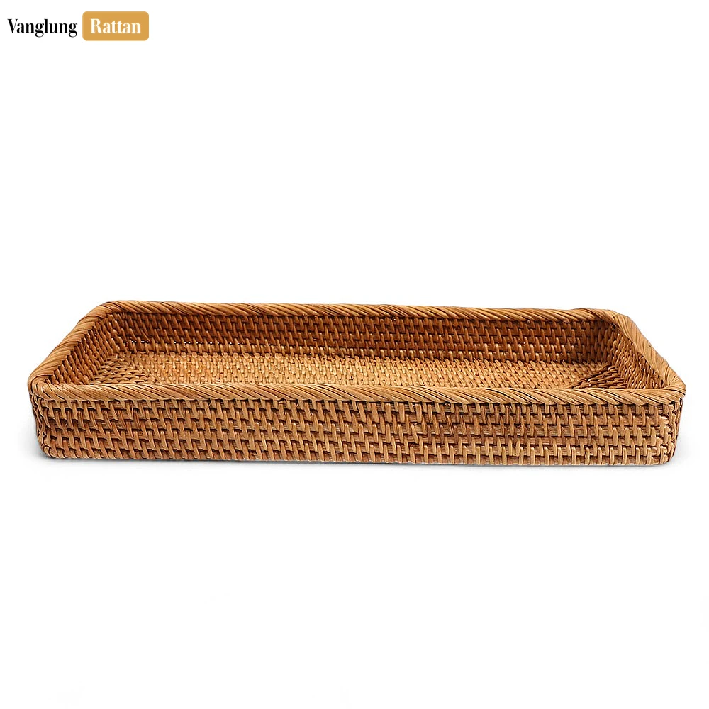 Rattan Export Brown Handwoven Long Rectangle Straw Rattan Serving Tray with Fine Weave - REX-STCN011007