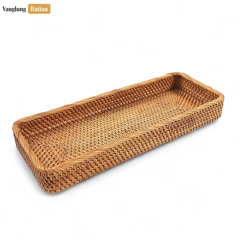 Rattan Export Brown Handwoven Long Rectangle Straw Rattan Serving Tray with Fine Weave - REX-STCN011007