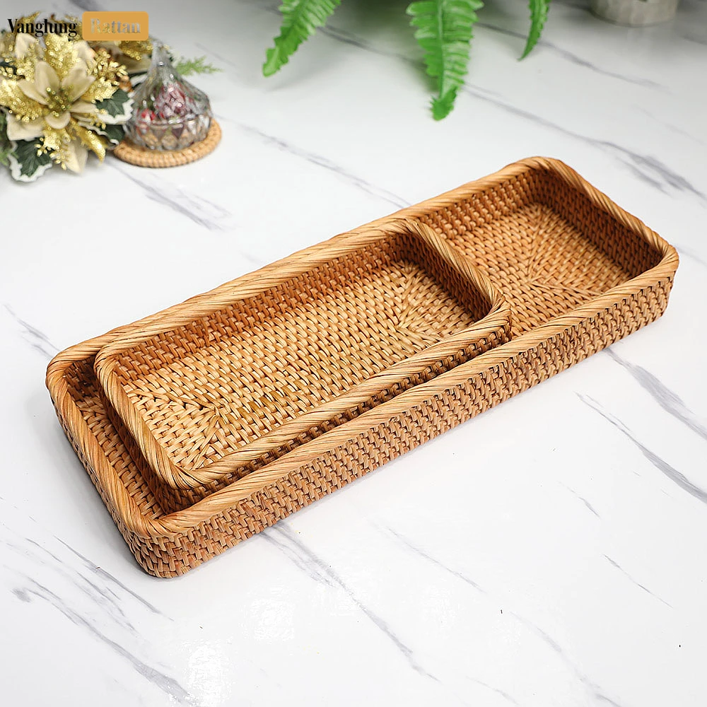 Rattan Export Brown Handwoven Long Rectangle Straw Rattan Serving Tray with Fine Weave - REX-STCN011007