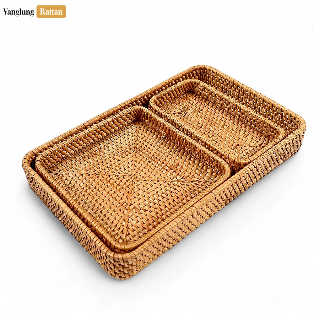 Rattan Export Brown Handwoven Rectangle Straw Rattan Basket Serving Tray with Fine Weave - REX-STCN011006