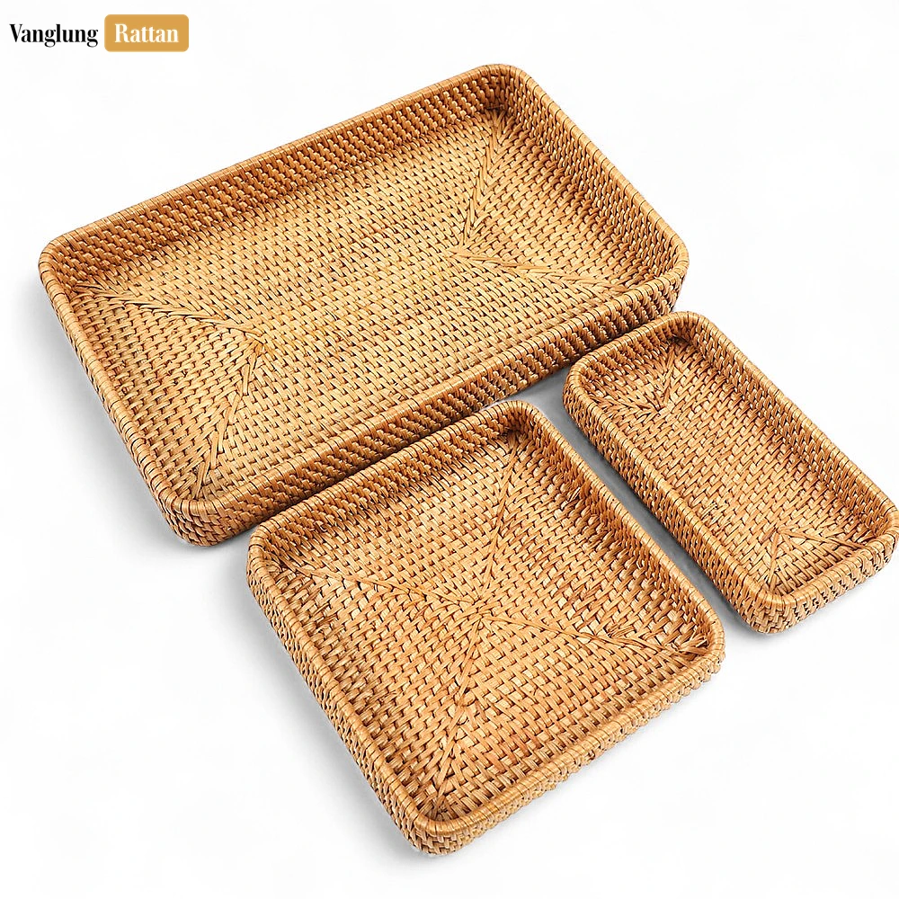 Rattan Export Brown Handwoven Rectangle Straw Rattan Basket Serving Tray with Fine Weave - REX-STCN011006