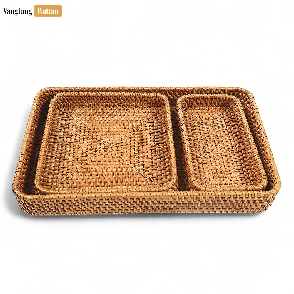 Rattan Export Brown Handwoven Rectangle Straw Rattan Basket Serving Tray with Fine Weave - REX-STCN011006