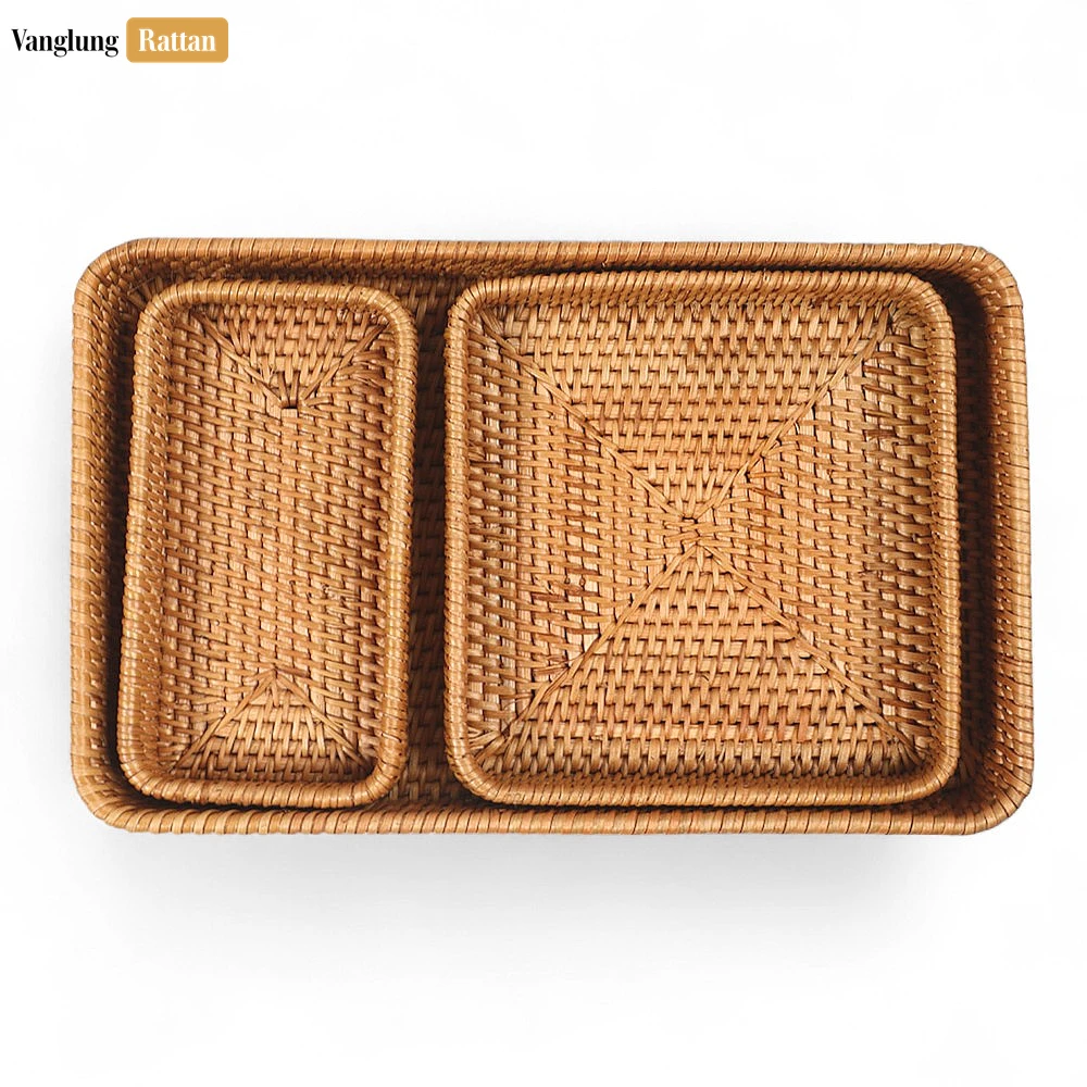 Rattan Export Brown Handwoven Rectangle Straw Rattan Basket Serving Tray with Fine Weave - REX-STCN011006