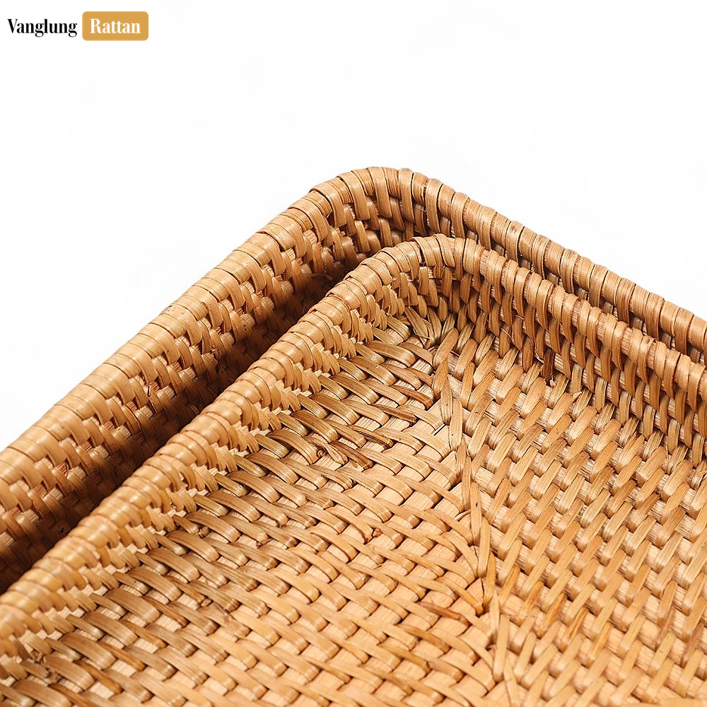 Rattan Export Brown Handwoven Rectangle Straw Rattan Basket Serving Tray with Fine Weave - REX-STCN011006