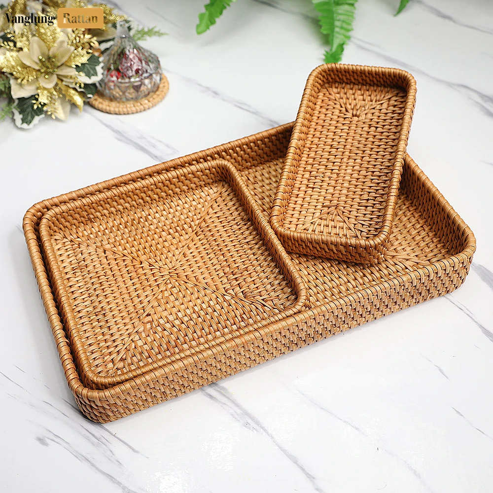 Rattan Export Brown Handwoven Rectangle Straw Rattan Basket Serving Tray with Fine Weave - REX-STCN011006