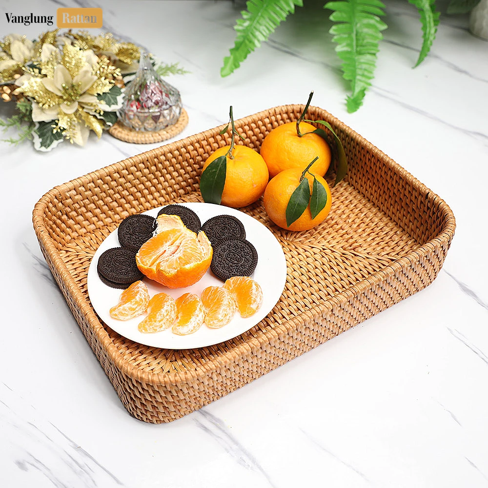 Rattan Export Brown Handwoven Round Rectangle Straw Rattan Basket Serving Tray with Fine Weave - REX-STCN011005