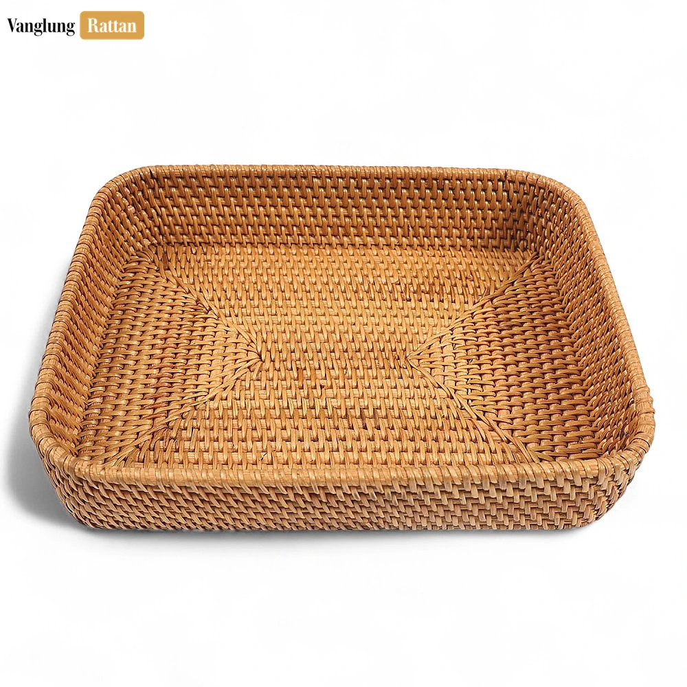 Rattan Export Brown Handwoven Round Rectangle Straw Rattan Basket Serving Tray with Fine Weave - REX-STCN011005